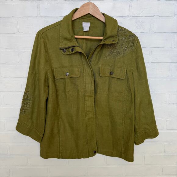 Chico's Women's 100% Linen Green Leaf Beads 3/4 Sleeve Button Jacket -sz 2 12/14 - Picture 1 of 6